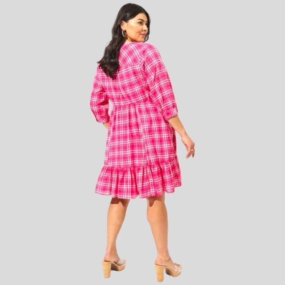 60% OFF NEW TORRID Plus Size Pink, White Plaid Mini Voile Mandarin Collar Dress - Picture 8 of 16